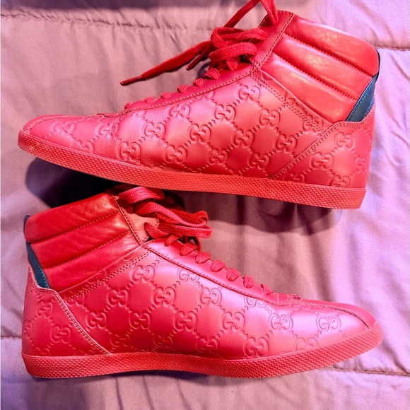 AUTHENTIC Gucci Red/Navy Blue and Cream Leather High-Top Sneakers - Picture 2 of 6